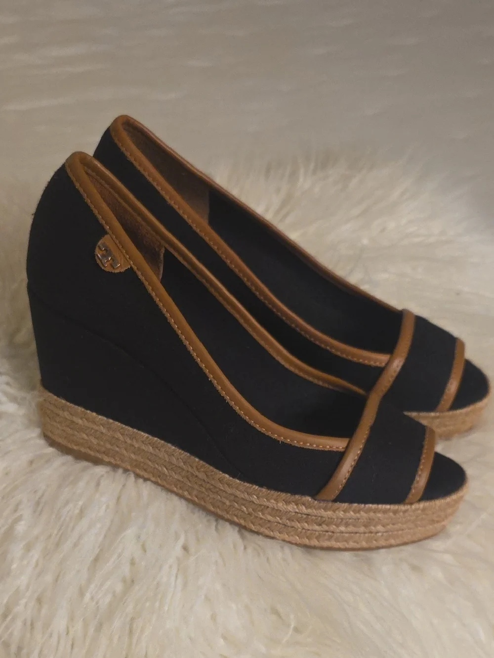 Tory Burch Black and Brown Espadrille Wedge Peep-Toe